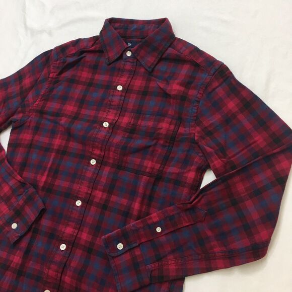 GAP FLANNEL Shirt Men S Cranberry Burgundy Check Plaid Slim Fit Autumnal Grunge - Picture 2 of 16